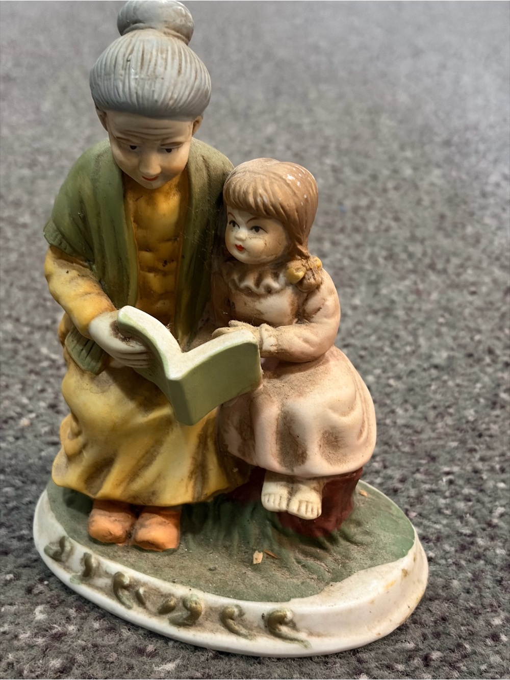 Porcelain Grandmother and Child Reading Figurine - Green, Yellow, Pink